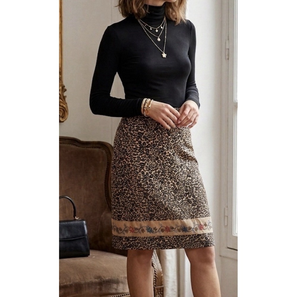 Vintage 90s Silk Club Skirt 14 Leopard Print Beaded Floral Boho Luxury Career - Picture 8 of 13